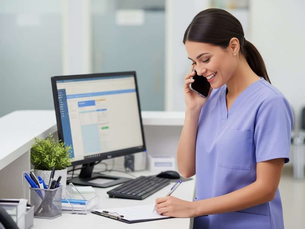 A nurse in medical scrubs speaks on the phone with patient to schedule appointment